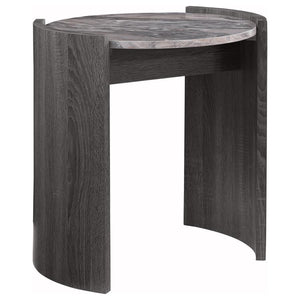 This 18-inch end table retains the same modern appeal in a compact form. Its grey marble scratch-resistant and eco-friendly laminate veneer top pairs with a distressed grey scratch-resistant and eco-friendly laminate veneer frame, all supported by enginee