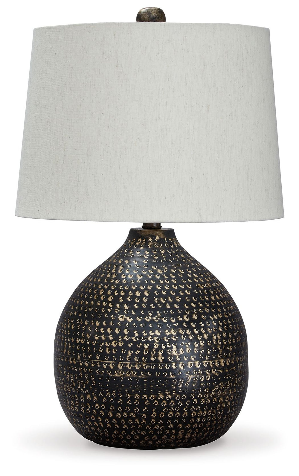 Infuse your home with the casual vibe of this table lamp. Black finish is elevated with a goldtone circular pattern. Its slightly urban industrial design brings balance and brightness to your room with double the style.<br><br><b>Additional Dimensions</b>