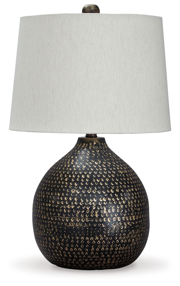 Infuse your home with the casual vibe of this table lamp. Black finish is elevated with a goldtone circular pattern. Its slightly urban industrial design brings balance and brightness to your room with double the style.<br><br><b>Additional Dimensions</b>