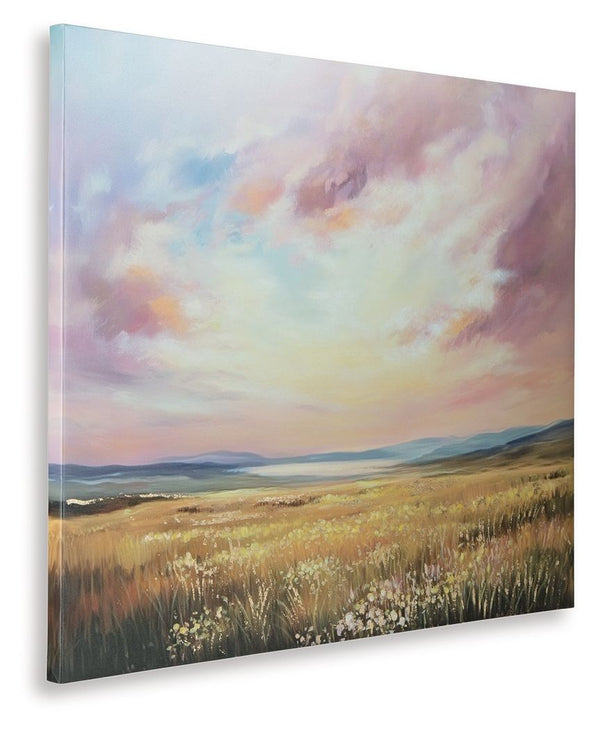  blue and yellow as sunlight beams on a field of florals. Hand painted embellishments make the canvas a gorgeous addition to an of