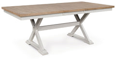 Busy breakfasts and family dinners get a dose of modern farmhouse flair with this dining extension table. Its two-tone finish contrasts a light butcher block hue with an antiqued white base for an utterly charming effect. Effortlessly chic, it includes a 