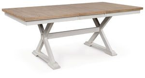 Busy breakfasts and family dinners get a dose of modern farmhouse flair with this dining extension table. Its two-tone finish contrasts a light butcher block hue with an antiqued white base for an utterly charming effect. Effortlessly chic, it includes a 