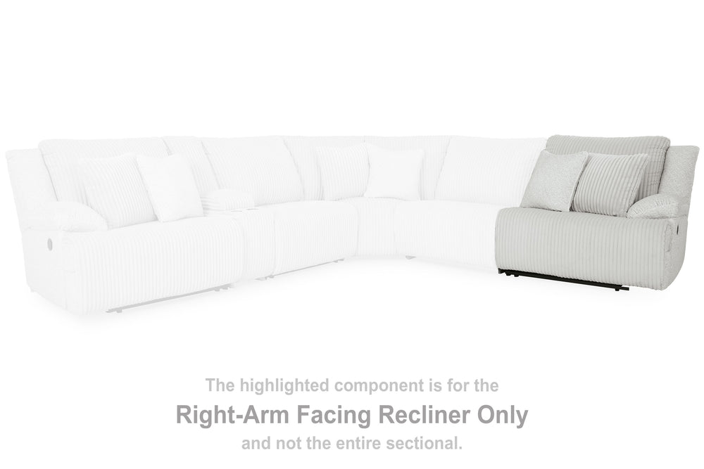 This right-arm facing recliner is made with polyester upholstery. Pairs with other items in the series to make a sectional.<br><br><b>Additional Dimensions</b><br><ul><li>Arm height: 26-"</li><li>Seat depth: 23-"</li><li>Seat height: 20-"</li><li>Fully re