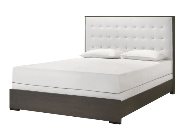  featuring a clean-lined design with a warm dark finish. The centerpiece is a bed with a stylish tufted headboard