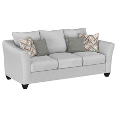 Inviting gray mist upholstery creates a rich, refined look and feel for a modern sofa. Plush cushions are filled with foam for excellent comfort. Accent pillows add both pattern and custom support when lounging and relaxing. The sofa boasts rounded arms t