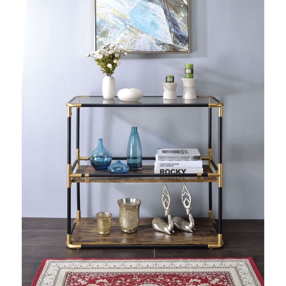 KD, Rectangular Console Table Storage: 2 Open Compartments (2 Wooden Shelf/Open Back) CONSTRUCTION Glass Top: 5mm Smoky Tempered Glass, NOT Beveled (No Apron) Wood Shelf: Paper Laminate, MDF 18mm Metal Straight Leg (Etagere Frame): Black & Gold Finish, Ro