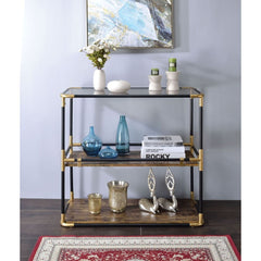 KD, Rectangular Console Table Storage: 2 Open Compartments (2 Wooden Shelf/Open Back) CONSTRUCTION Glass Top: 5mm Smoky Tempered Glass, NOT Beveled (No Apron) Wood Shelf: Paper Laminate, MDF 18mm Metal Straight Leg (Etagere Frame): Black & Gold Finish, Ro