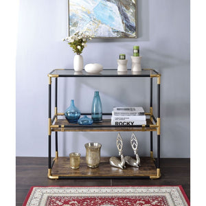 KD, Rectangular Console Table Storage: 2 Open Compartments (2 Wooden Shelf/Open Back) CONSTRUCTION Glass Top: 5mm Smoky Tempered Glass, NOT Beveled (No Apron) Wood Shelf: Paper Laminate, MDF 18mm Metal Straight Leg (Etagere Frame): Black & Gold Finish, Ro