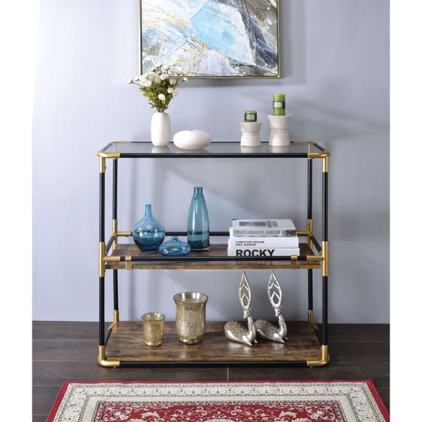 KD, Rectangular Console Table Storage: 2 Open Compartments (2 Wooden Shelf/Open Back) CONSTRUCTION Glass Top: 5mm Smoky Tempered Glass, NOT Beveled (No Apron) Wood Shelf: Paper Laminate, MDF 18mm Metal Straight Leg (Etagere Frame): Black & Gold Finish, Ro