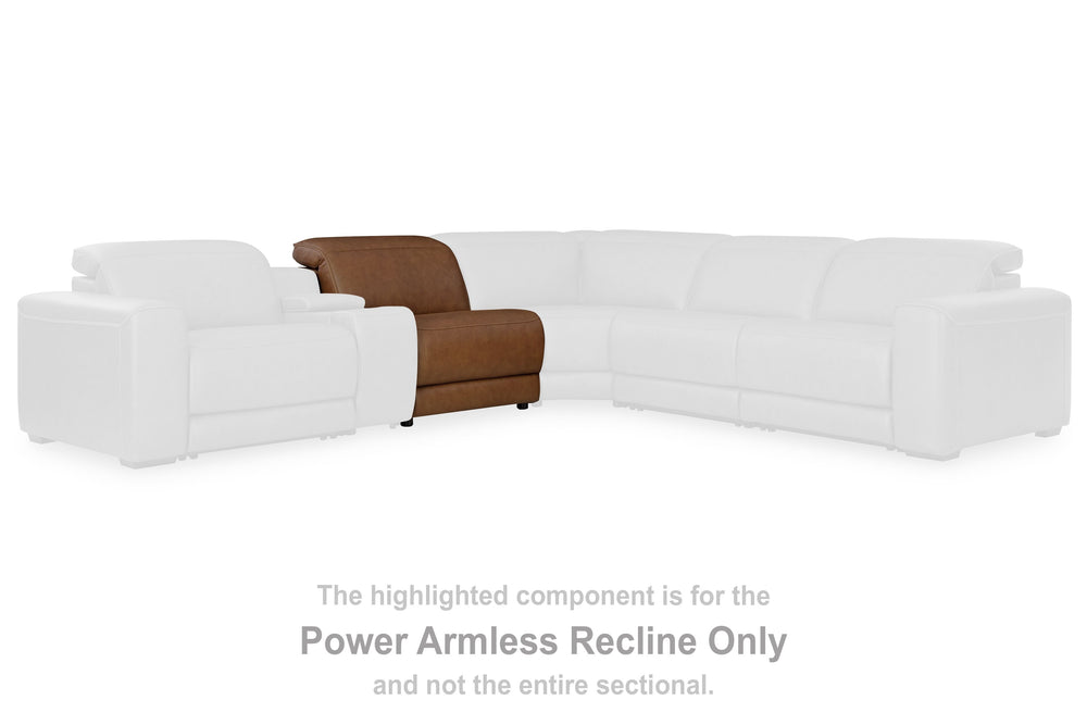 This power armless recliner is made with leather and faux leather upholstery. It pairs with other items in the series to make a modular sectional.<br><br><b>Additional Dimensions</b><br><ul><li>Seat width: 31.75-"</li><li>Seat depth: 20.75-"</li><li>Seat 