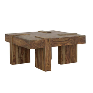 This square coffee table blends modern simplicity with timeless craftsmanship. Constructed from solid sheesham wood, it showcases a natural finish that highlights the unique grain patterns of the wood. Its robust design features clean lines and geometric 
