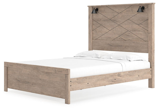 Senniberg - Light Brown / White - Queen Panel Bed with Sconce Lights