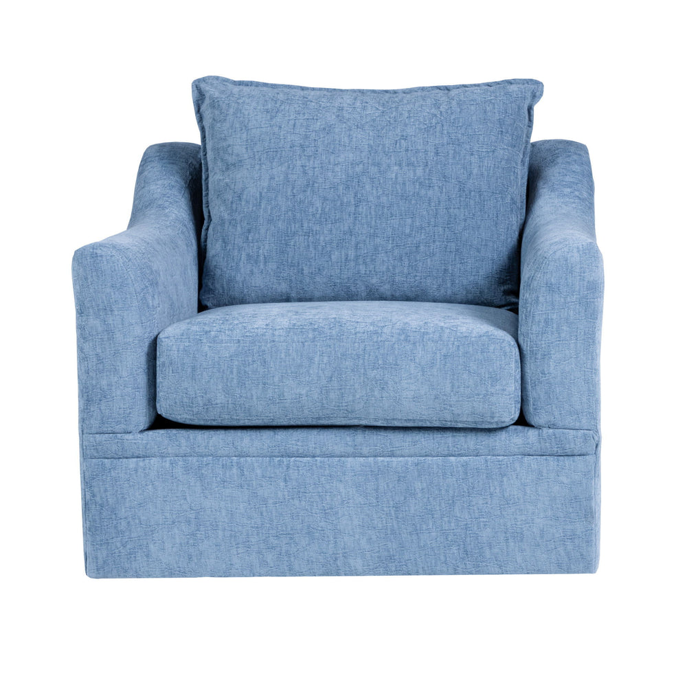 The Sylvie Swivel Armchair blends timeless style with cozy comfort. Featuring slate blue fabric, flared arms, plush 1.9 density cushions, and a supportive pillow back, itâ€™s perfect for relaxing and conversation. Built to last in the USA with a smooth sw