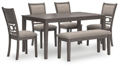 Canâ€™t decide between classic and contemporary? Embrace the beauty of transitional style with this casually sophisticated Langwest dining table, chairs and bench ensemble. A clean-lined profile and modern light gray finish merge with textured upholstery 
