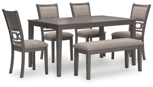 Canâ€™t decide between classic and contemporary? Embrace the beauty of transitional style with this casually sophisticated Langwest dining table, chairs and bench ensemble. A clean-lined profile and modern light gray finish merge with textured upholstery 