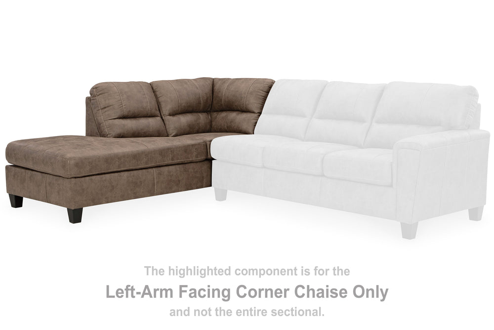 This left-arm facing corner chaise is made with faux leather upholstery. Pairs with other items in the series to make a sectional.<br><br><b>Additional Dimensions</b><br><ul><li>Arm height: 27-"</li><li>Leg height: 4.5-"</li><li>Minimum width of doorway f