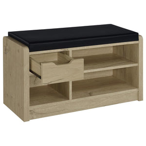  this bench offers a comfortable seat while you put on or t