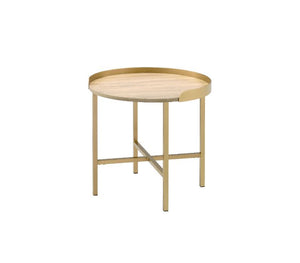 Explore modern simplicity that easily improve your overall aesthetic. The Mithea End Table features a round table top with cross bar styled metal base, offering a balance of grace and strength. An alluring gold finish showcases it-'s clean-lined silhouett