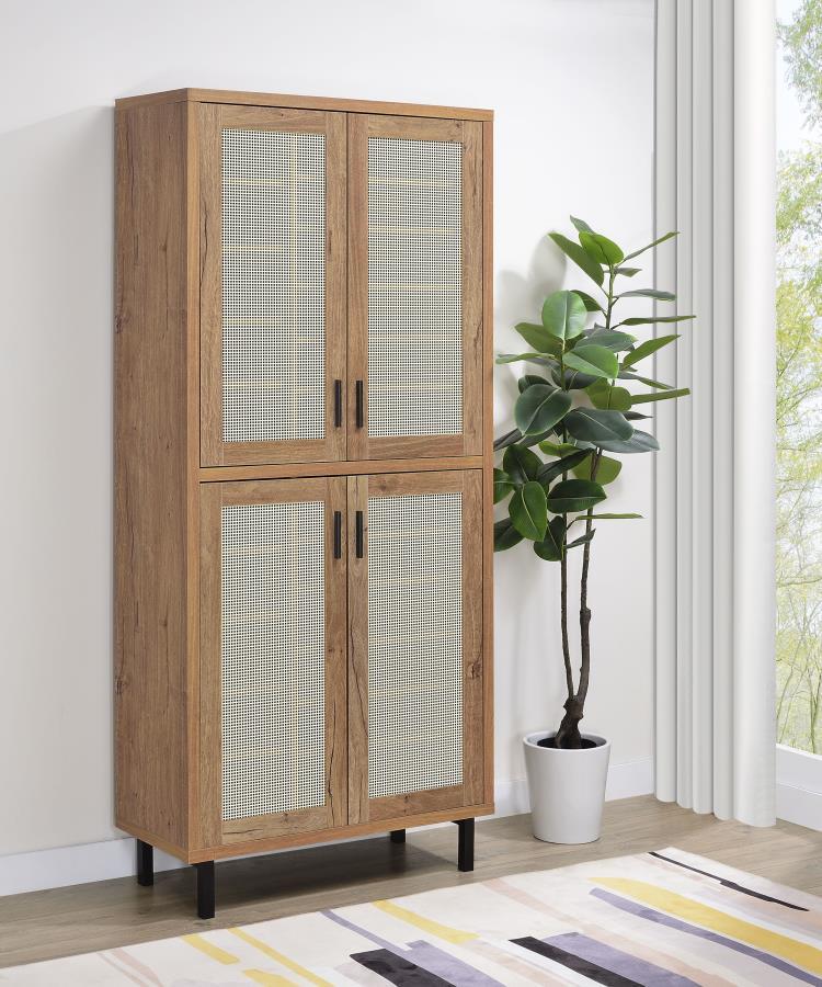 This tall shoe cabinet combines modern industrial design with practical functionality, featuring a natural oak finish and four metal mesh-framed doors for ventilation. Designed to organize your footwear collection, it includes 14 adjustable shelves, accom