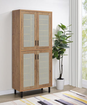  featuring a natural oak finish and four metal mesh-framed doors for ventilation. Designed to organize your footwear collection
