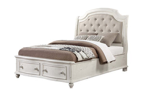 Jaqueline - Queen Bed With Storage - Light Gray Linen & Antique White Finish