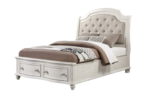 Jaqueline - Queen Bed With Storage - Light Gray Linen & Antique White Finish