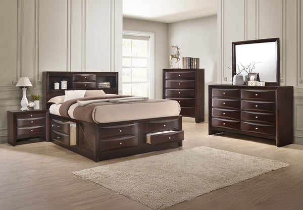 Experience timeless elegance with this sophisticated bedroom suite, exuding a rich cherry finish that enhances its robust and stately form. At the heart of the ensemble is a captain-'s bed graced with an innovatively designed headboard, boasting integrate