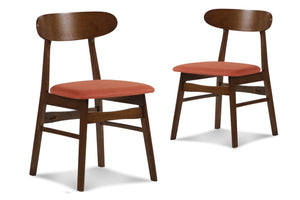 The New Classic Morocco Dining Chairs are a picture of Mid-Century Modern design with tapered legs, curved oval seatbacks, and classic walnut brown color. Easy care, orange 100% polyester foam cushions provide comfortable seating. A perfect accent chair i
