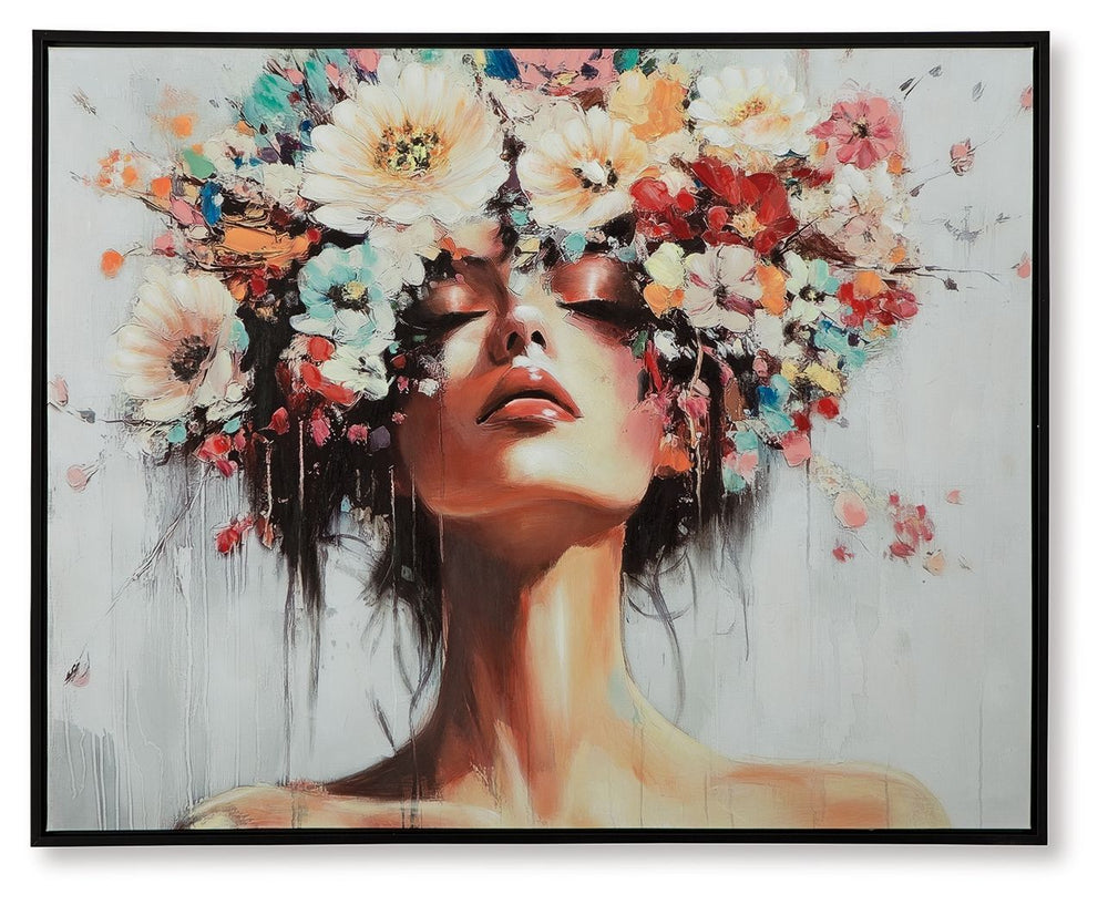 You can never go wrong with florals. This enchanting wall art captures nature-'s abundant beauty, featuring a woman-'s headdress overflowing with a stunning variety of flowers. It-'s sure to brighten your mood each time you see it.<br/><br/><b>Product Fea