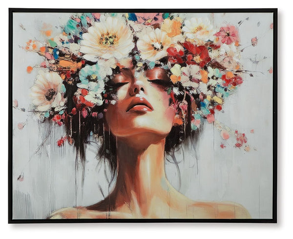 You can never go wrong with florals. This enchanting wall art captures nature-'s abundant beauty, featuring a woman-'s headdress overflowing with a stunning variety of flowers. It-'s sure to brighten your mood each time you see it.<br/><br/><b>Product Fea