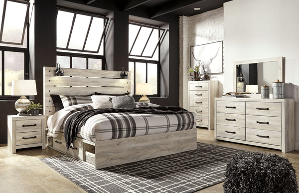 Cambeck - 7 Pc. - Dresser, Mirror, Chest, King Panel Bed with Side Storage Drawers - Whitewash