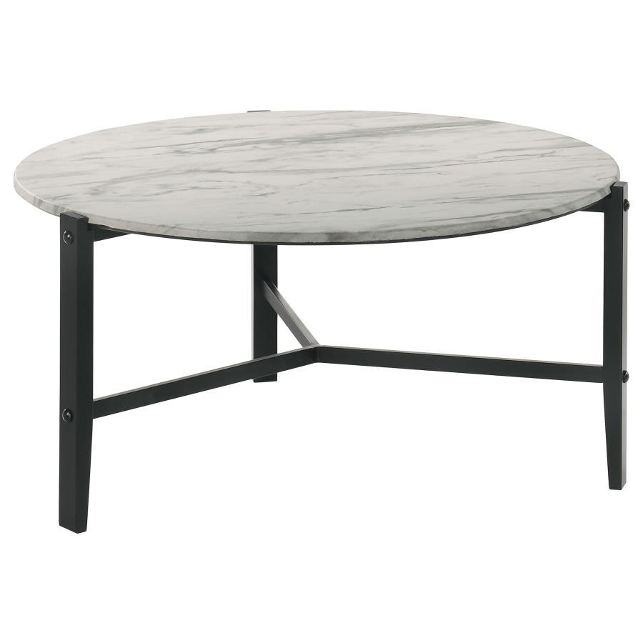 Create a minimal aesthetic in your living room with this modern coffee table. Slim black solid rubberwood legs form a stand-like base that supports a spacious round top. The high-pressure laminate top features a faux white marble design with textured stri