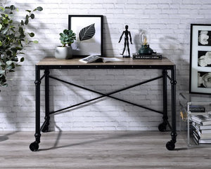 Rectangular Wooden Table TopMetal BaseNail Head AccentWheels IncludedIndustrial Style<br/><br/><b>Product Features</b><ul><li>Rectangular Wooden Table Top</li><li>Metal Base</li><li>Nail Head Accent</li><li>Wheels Included</li><li>Industrial Style</li><li