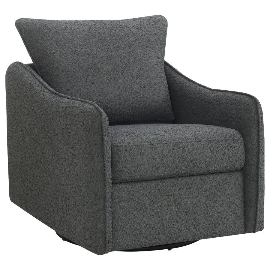 Nestled within the soft embrace of this bouclÃ© upholstered chair, one finds a moment of tranquility. Its harmonious 360 swivel and glider functionality make each movement a fluid dance, a gentle invitation to unwind. The meticulously shaped arms, a testa