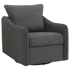 Nestled within the soft embrace of this bouclÃ© upholstered chair, one finds a moment of tranquility. Its harmonious 360 swivel and glider functionality make each movement a fluid dance, a gentle invitation to unwind. The meticulously shaped arms, a testa