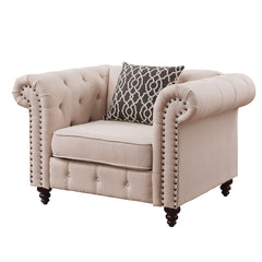 Aurelia sofa collection upholstered in gray & beige color linen fabric. Comfort and style define this sofa collection. This sofa and loveseat are detailed with classic details like deep button tufts and plush, sheltering arms. Adorned with button tufting 