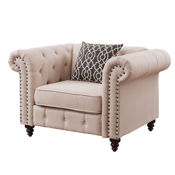 Aurelia sofa collection upholstered in gray & beige color linen fabric. Comfort and style define this sofa collection. This sofa and loveseat are detailed with classic details like deep button tufts and plush, sheltering arms. Adorned with button tufting 