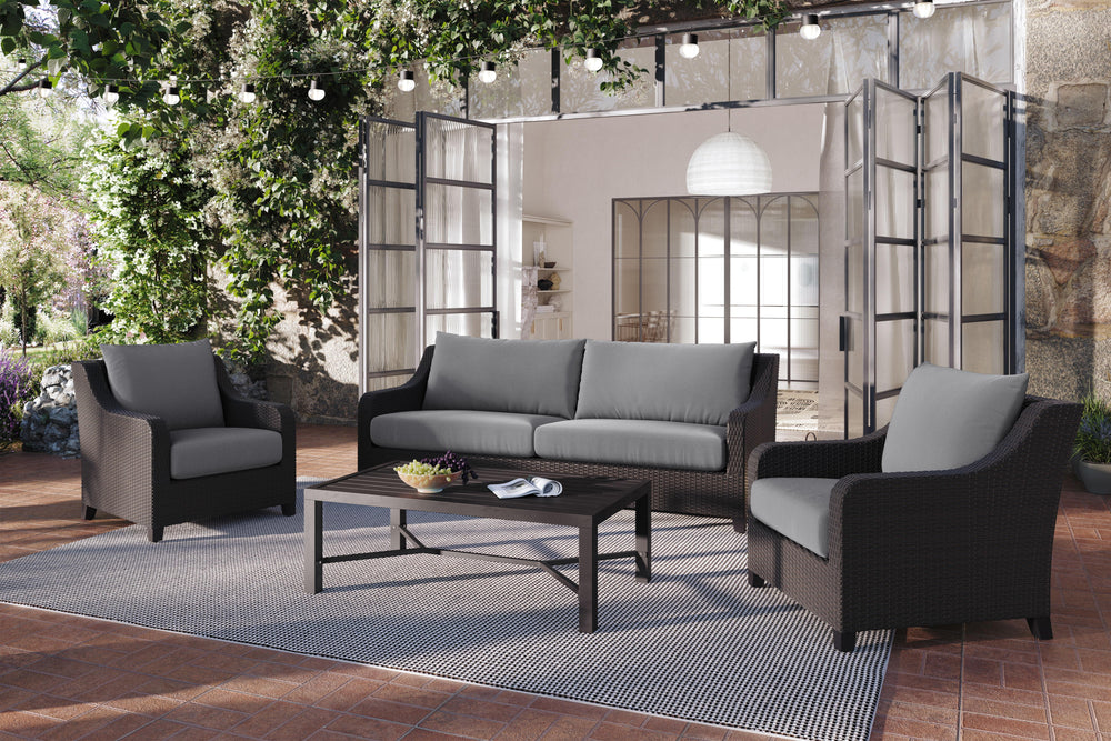 Discover the Skye Outdoor Patio Conversation Set in Gray, complete with a three-seater sofa, two club chairs, and a coffee table, designed to enhance your outdoor experience. Crafted with durable aluminum frames and a baked-on powder finish, this set ensu