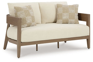 Elevate the appeal of easy-breezy living with this outdoor loveseat. Made to look like wood yet durable enough to weather the elements, it-'s sure to serve you and your besties well, year after year. The gently curved piece features cushions wrapped in Nu