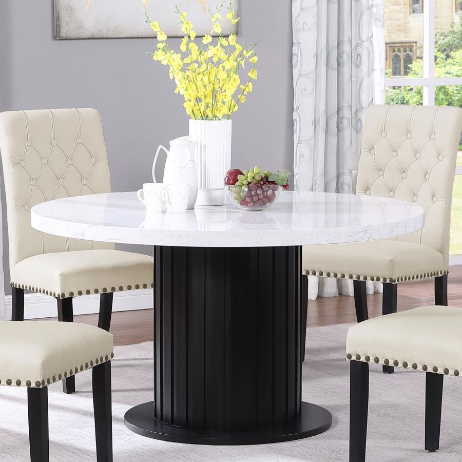 Transform a contemporary dining room with this modern, round dining table, designed with a lustrous, white, cultured marble, table top and a rustic espresso finished pedestal base for a contrasting look. Spacious enough to seat four people comfortably, th