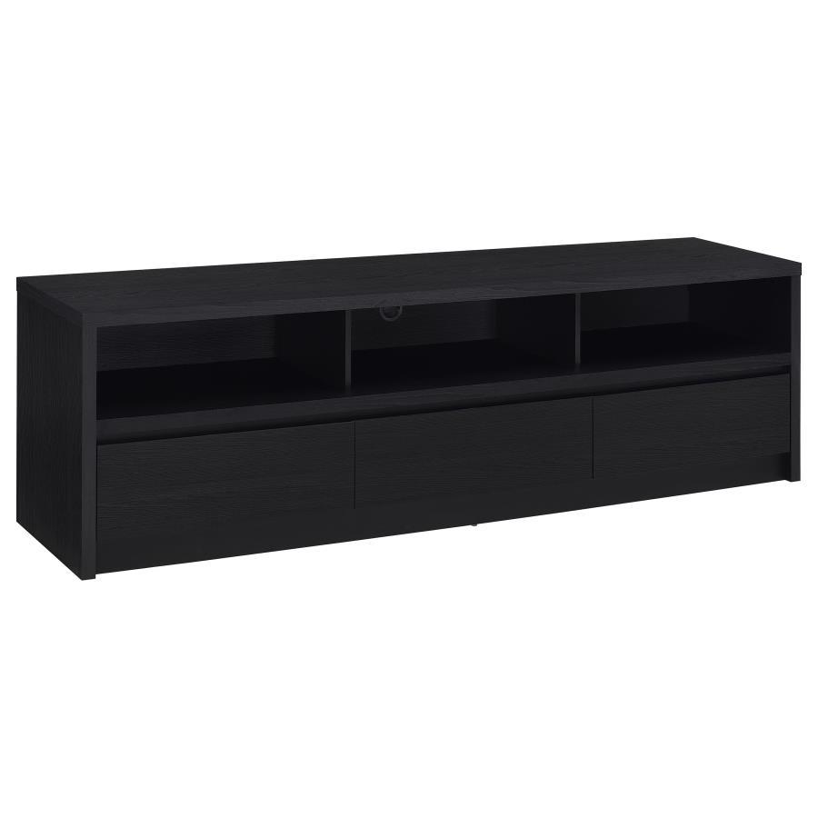 Upgrade your entertainment space with this black TV stand, crafted from engineered wood with a paper laminate veneer for durability and a sleek finish. The clean lines and modern design include open shelves for electronics, a wire management hole to reduc
