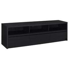 Upgrade your entertainment space with this black TV stand, crafted from engineered wood with a paper laminate veneer for durability and a sleek finish. The clean lines and modern design include open shelves for electronics, a wire management hole to reduc
