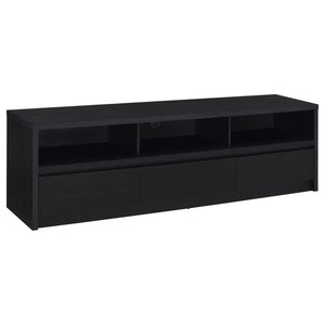 Upgrade your entertainment space with this black TV stand, crafted from engineered wood with a paper laminate veneer for durability and a sleek finish. The clean lines and modern design include open shelves for electronics, a wire management hole to reduc