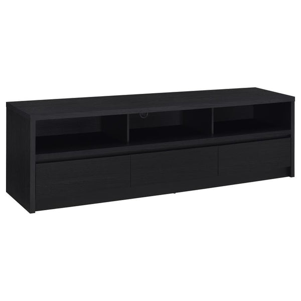 Upgrade your entertainment space with this black TV stand, crafted from engineered wood with a paper laminate veneer for durability and a sleek finish. The clean lines and modern design include open shelves for electronics, a wire management hole to reduc
