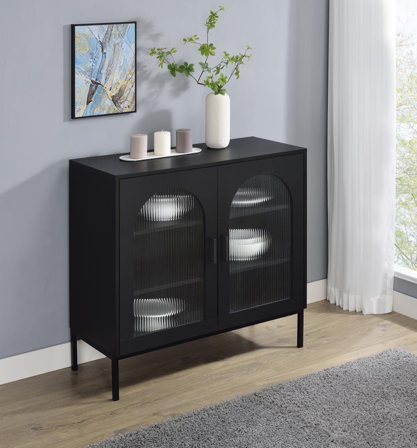 Enhance your dining or living space with this sleek black sideboard, elegantly shaped with subtle arches and showcasing framed fluted tempered glass doors. Inside, adjustable shelves provide flexible storage for dinnerware and dÃ©cor, while its minimalist