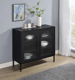  elegantly shaped with subtle arches and showcasing framed fluted tempered glass doors. Inside
