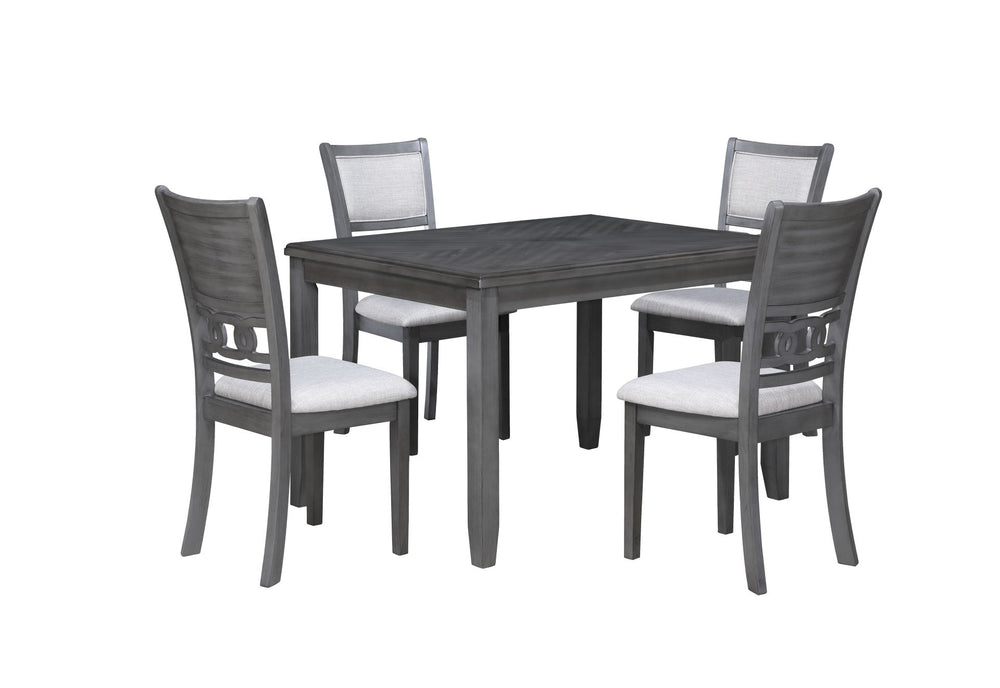 Upgrade your dining area with the New Classic Furniture Gia 5-Piece Wood Rectangle Dining Set, a perfect combination of durability and timeless beauty. Crafted from solid Rubberwood and Mindi veneers, this set is built to last. The contemporary finish, ri