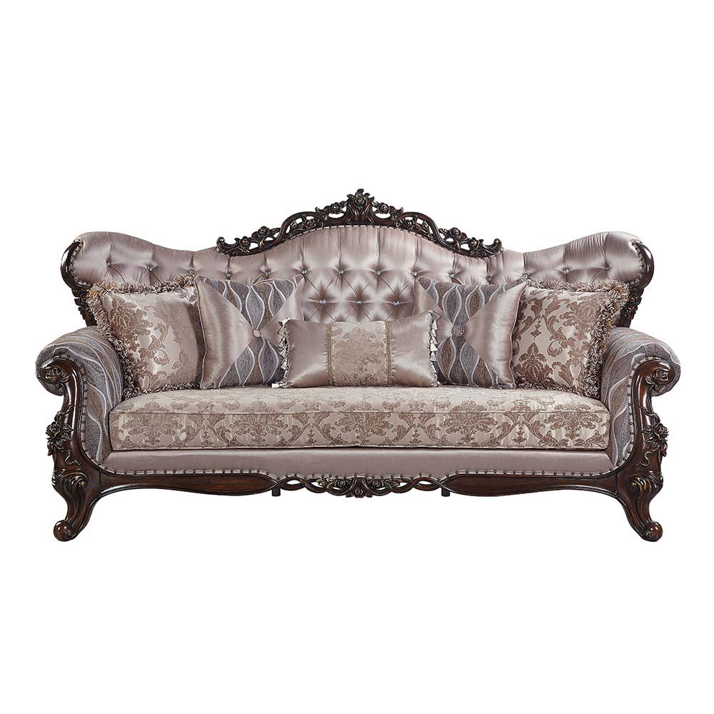 Enhance your formal living room with this elegant traditional 3-seater sofa. Part of the Wahkoowah collection, this sofa features an inner wooden frame that is sturdy. The outer wooden frame is finished with gold trimmings. Faux leather upholstery is used