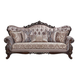  this sofa features an inner wooden frame that is sturdy. The outer wooden frame is finished with gold trimmings. Faux leather upholstery is used
