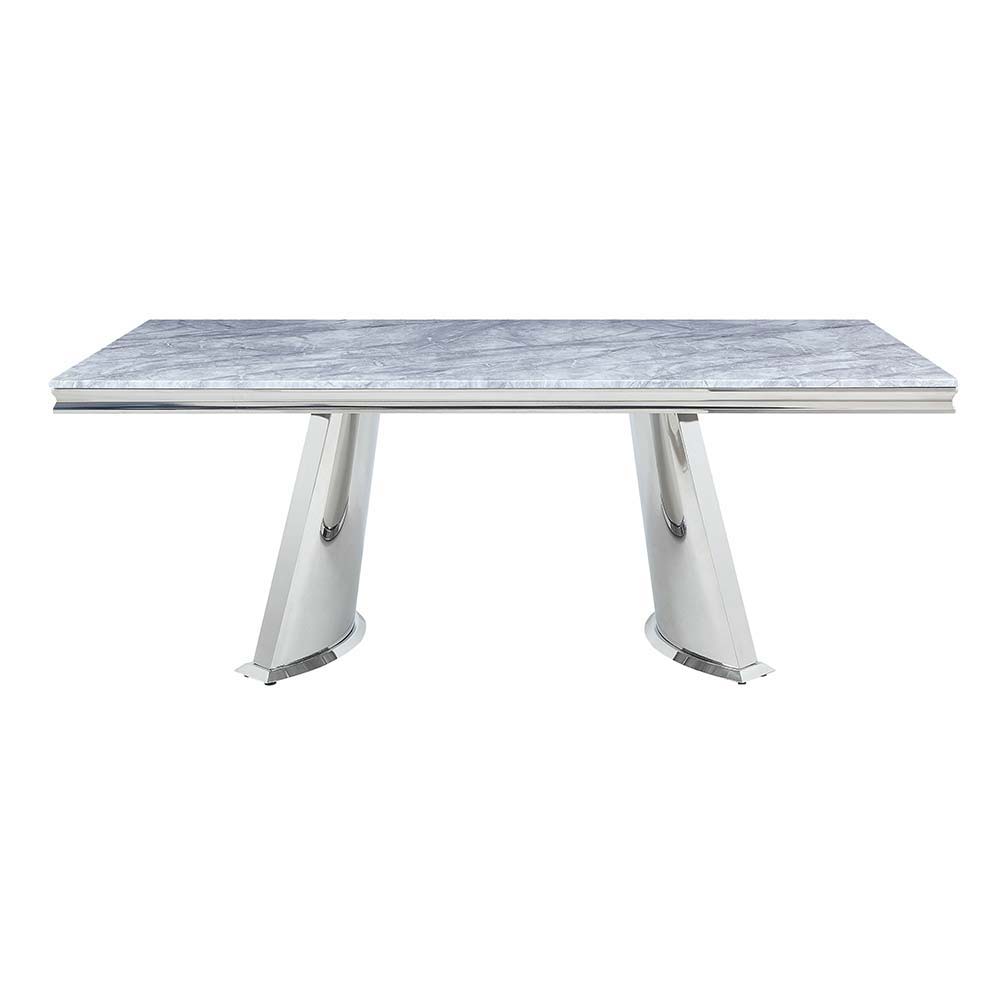 Flaunting a gorgeous and durable gray marble tabletop that will make your dinner spread stand out, the Destry dining table is great for creating an inviting and modern setting. The stainless steel frame reflects its surroundings and makes it appear as if 